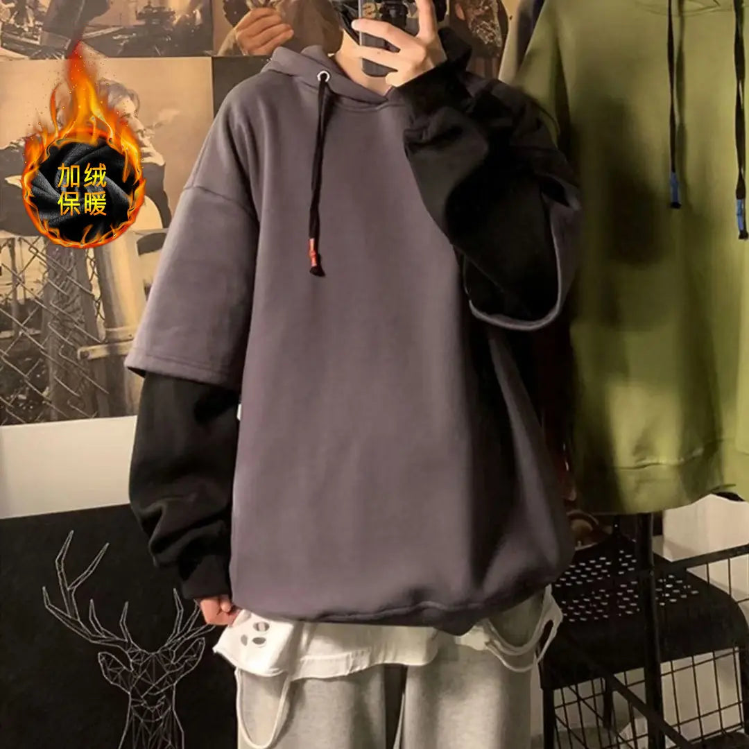 Winter round Neck Long Sleeve Fashion Sweatshirts Man High Street Casual Loose Pullovers Fake Two Pieces Thick Drawstring Hoodie