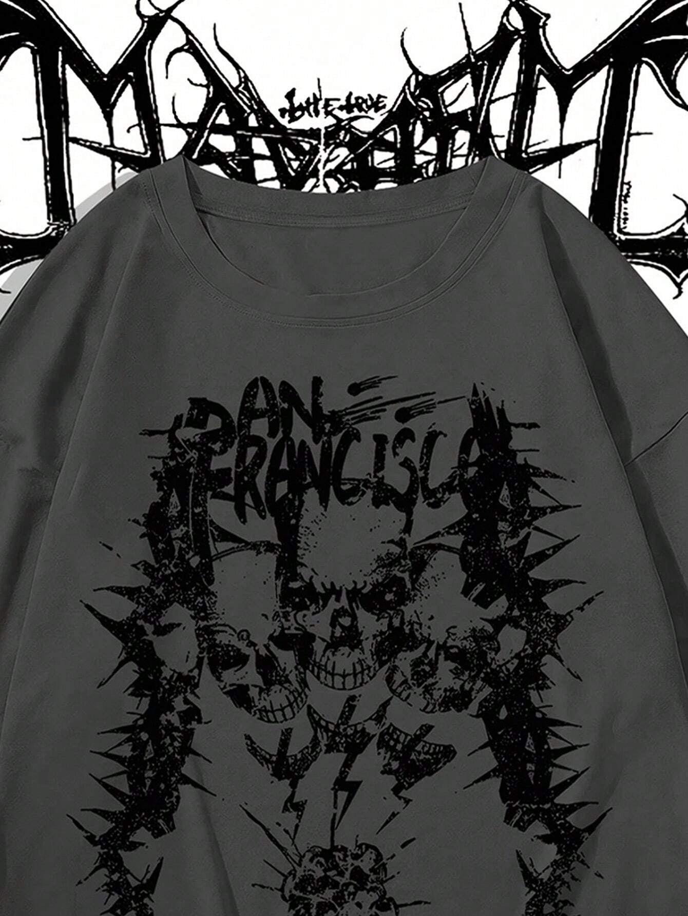 Manfinity Dauomo Men'S Casual Skull & Letter Print Colorblock Long Sleeve Mock Layer T-Shirt, Spring Autumn, Fall