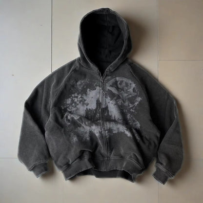 Y2K Gothic Punk Style Printed Star Spot Embroidered Zipper Hoodie Men and Women Fashion Harajuku Retro Oversized Bat Sleeve Top