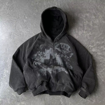 Y2K Gothic Punk Style Printed Star Spot Embroidered Zipper Hoodie Men and Women Fashion Harajuku Retro Oversized Bat Sleeve Top