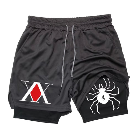 Men'S Anime Hunter X Hunter Gym Shorts Bilayer 2-In-1 Breathable Quick-Drying Absorb Sweat Sports Short Gym Jogging Pants