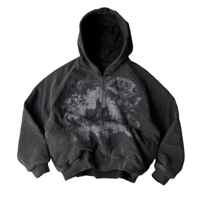 Y2K Gothic Punk Style Printed Star Spot Embroidered Zipper Hoodie Men and Women Fashion Harajuku Retro Oversized Bat Sleeve Top