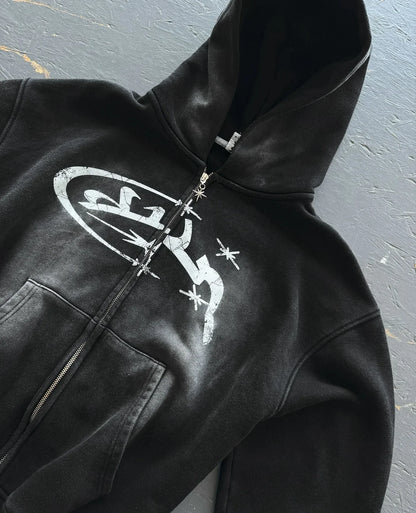 2000S Zipper Hoodie Retro Fashion Print New Harajuku Hip-Hop Jacket Loose Hooded Sweatshirt Street Clothing for Men and Women