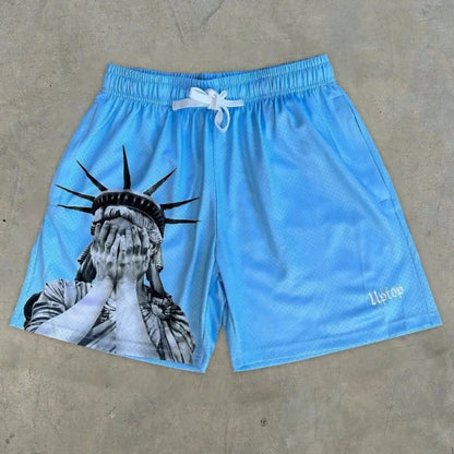European and American Men'S Summer Statue of Liberty Print Comfortable Breathable Drawstring Shorts Outdoor Casual Pants