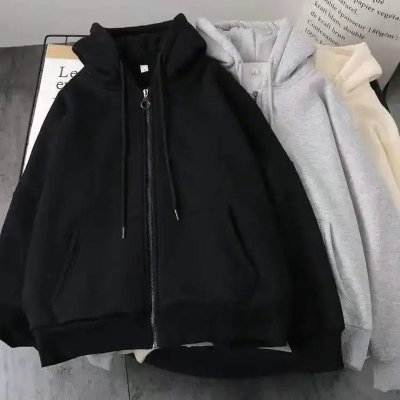 American Y2K New Fashion Trend Fleece Padded Zipper Hoodie Women Street Hip Hop Joker Loose Sweatshirt Couple Casual Punk Hoodie