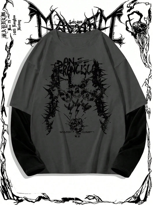 Manfinity Dauomo Men'S Casual Skull & Letter Print Colorblock Long Sleeve Mock Layer T-Shirt, Spring Autumn, Fall