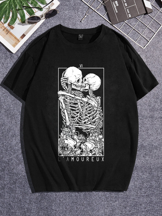 Deniart Manfinity EMRG Men Artist Dark Cotton Skeleton & Letter Graphic Tee, for Summer, 95% Cotton, Holiday, New Year, Festival, Emo