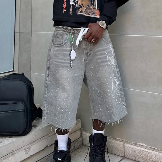 Fashion Men Summer Casual Denim Shorts Knee Length Trendy Letter Embroidered Shiny Rhinestone Decor Jeans Shorts with Pockets