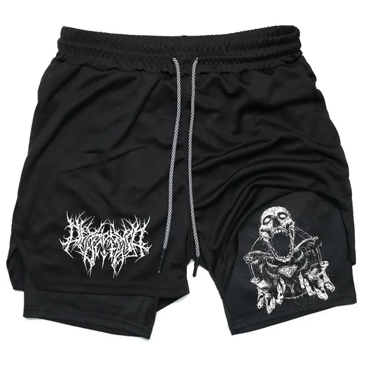 Y2K Performance Shorts Men Quick-Drying Fitness Skull Print Double Layer Shorts Workout Training Running Bodybuilding Sportwear