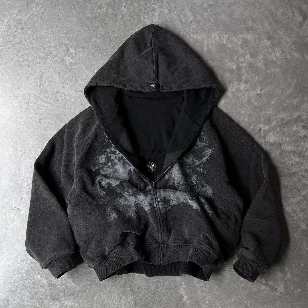 Y2K Gothic Punk Style Printed Star Spot Embroidered Zipper Hoodie Men and Women Fashion Harajuku Retro Oversized Bat Sleeve Top