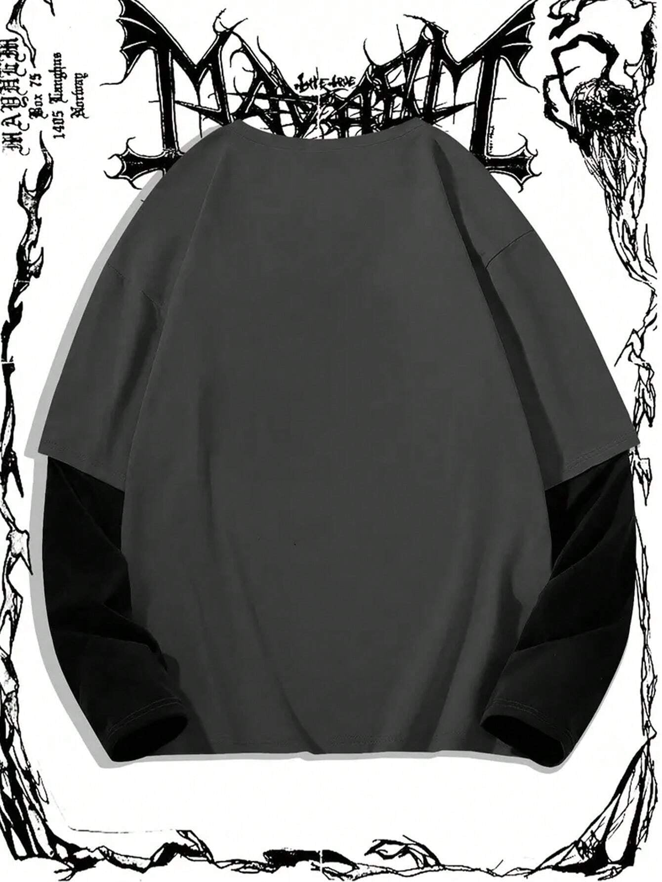 Manfinity Dauomo Men'S Casual Skull & Letter Print Colorblock Long Sleeve Mock Layer T-Shirt, Spring Autumn, Fall