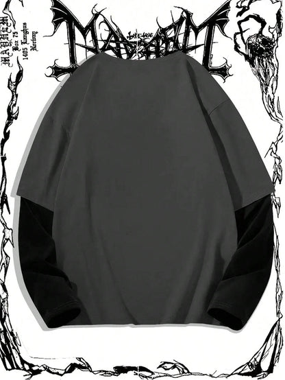 Manfinity Dauomo Men'S Casual Skull & Letter Print Colorblock Long Sleeve Mock Layer T-Shirt, Spring Autumn, Fall