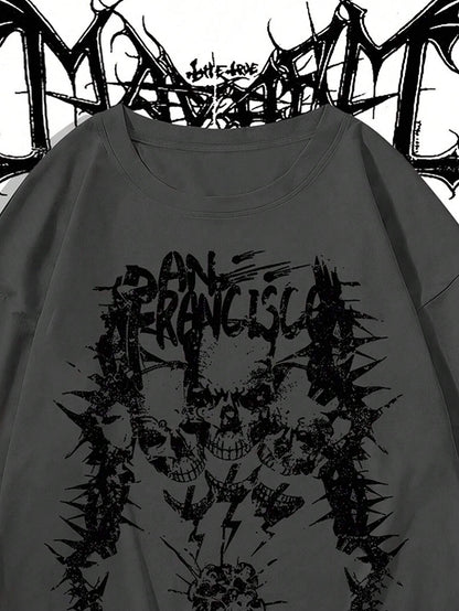 Manfinity Dauomo Men'S Casual Skull & Letter Print Colorblock Long Sleeve Mock Layer T-Shirt, Spring Autumn, Fall