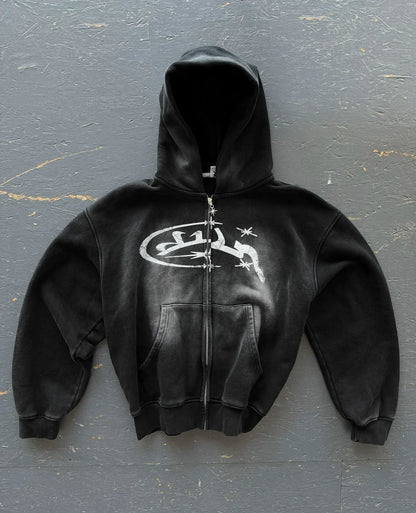 2000S Zipper Hoodie Retro Fashion Print New Harajuku Hip-Hop Jacket Loose Hooded Sweatshirt Street Clothing for Men and Women